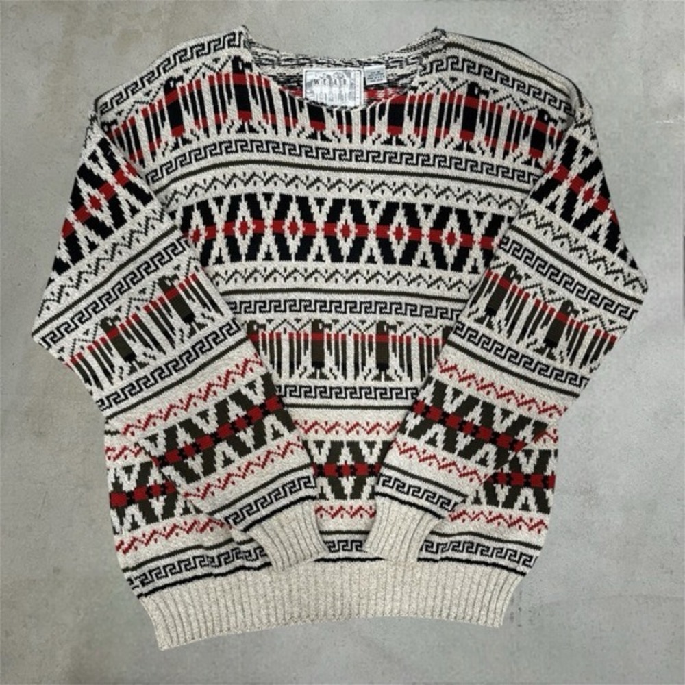 WEAR Geometric Sweater Mens M Cream Red Southwestern‎ Knit USA Made Pullover